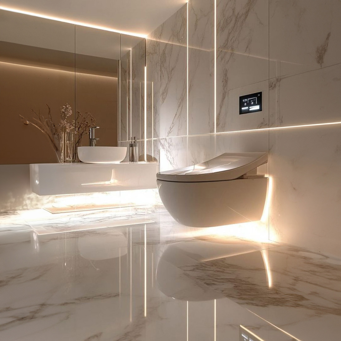 Contemporary hotel bathroom design featuring sleek, stylish fixtures for hospitality spaces