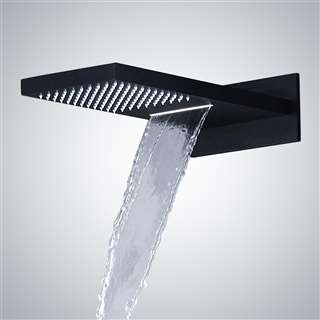 Walk-in shower with black shower fixture creating a focal point