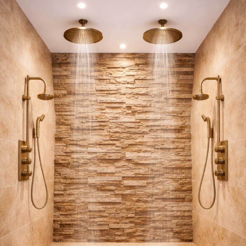 Comparison of modern shower panel system and traditional shower setup in bathroom design