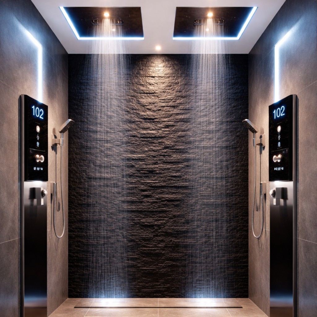 Modern shower panel system with rainfall shower head and multiple body jets in a home bathroom