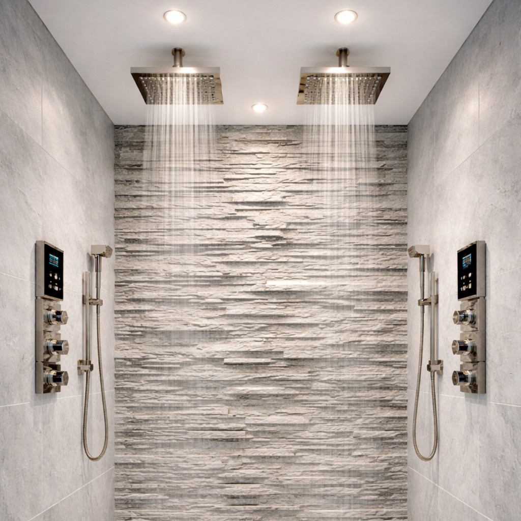 Standard wall-mounted traditional shower head in a simple residential bathroom