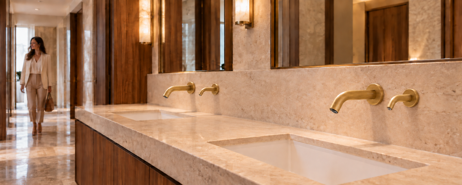 Brushed gold wall-mounted bathroom fixtures above a stone hotel washstation