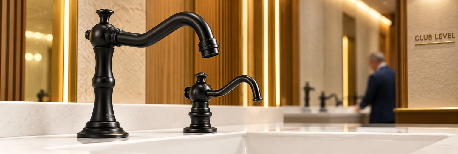 Dark bronze gooseneck faucet and matching soap dispenser at a hotel vanity
