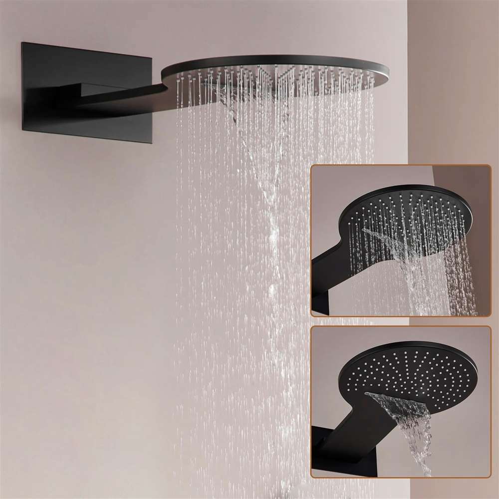 Hospitality bathroom with matte black rainfall shower system