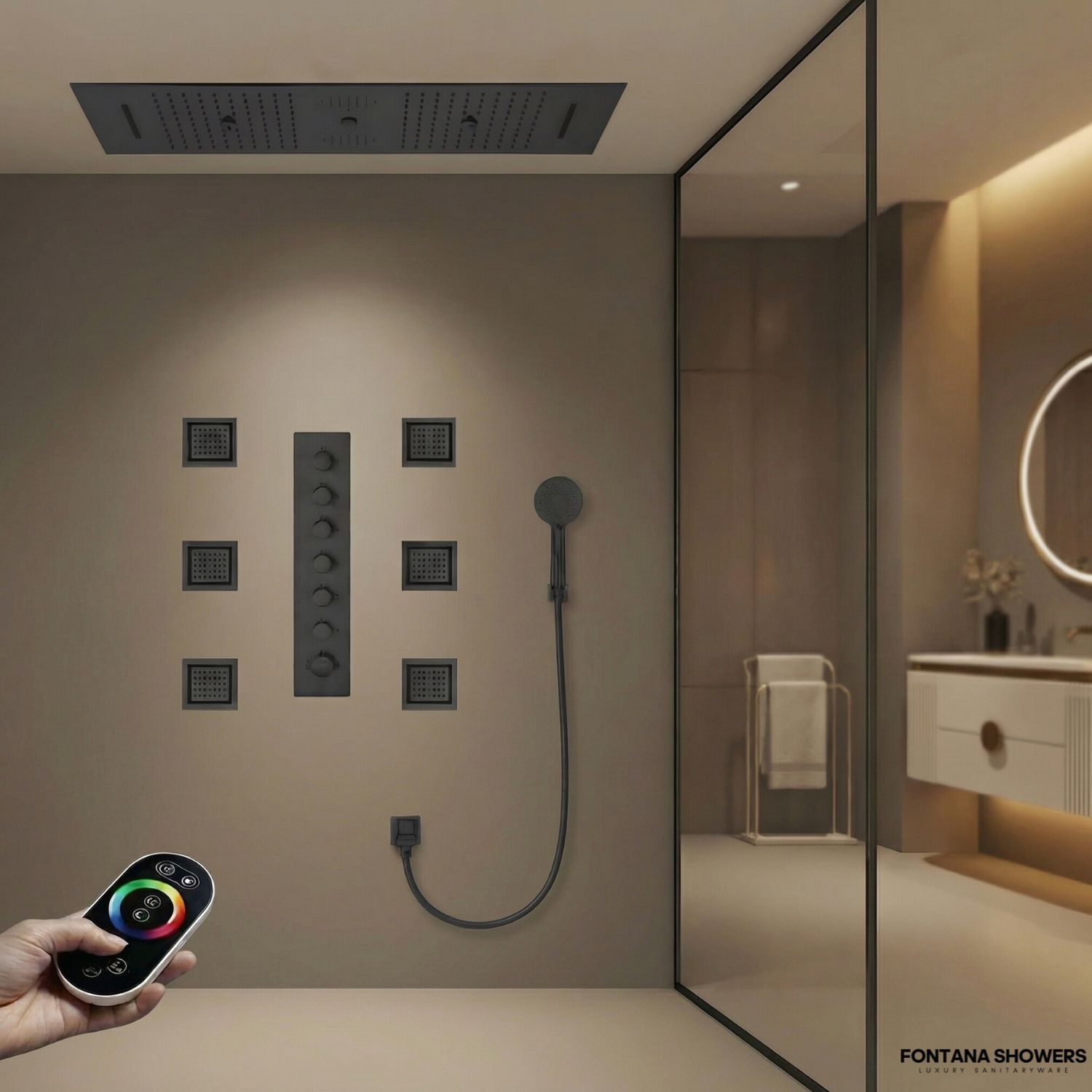 Luxury hotel bathroom with matte black shower fixtures