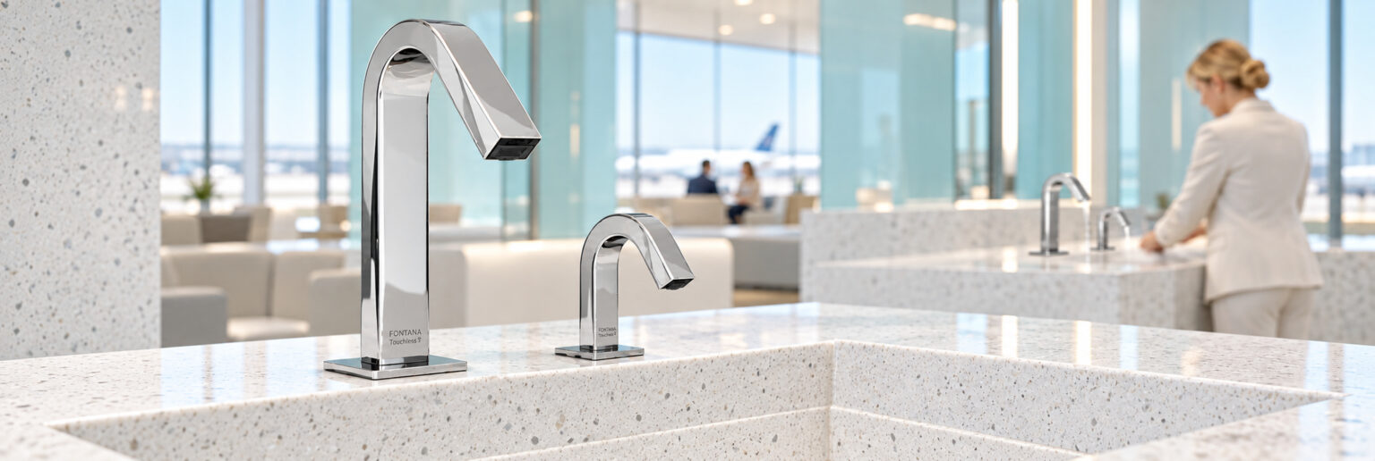 Polished chrome gooseneck faucets and soap dispensers in a commercial washroom
