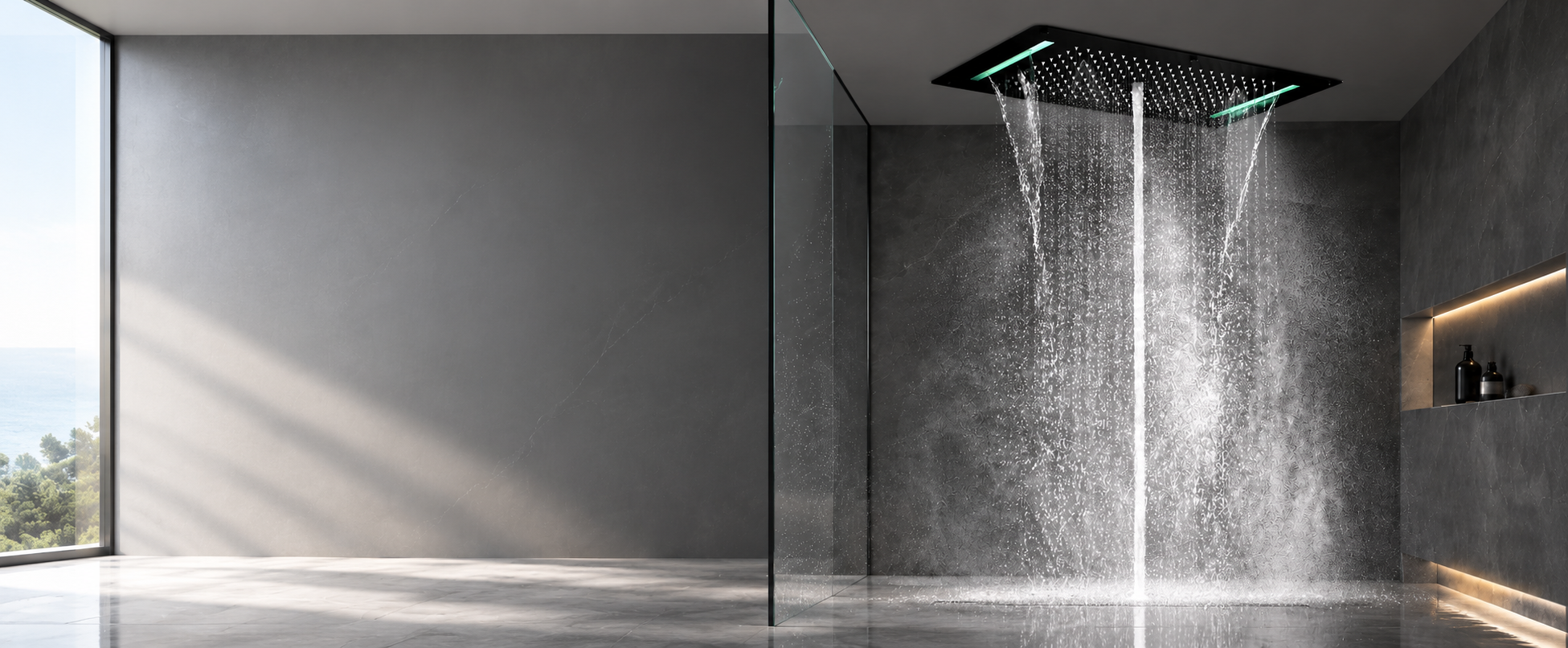 Matte black shower heads for hotels in contemporary hospitality bathroom
