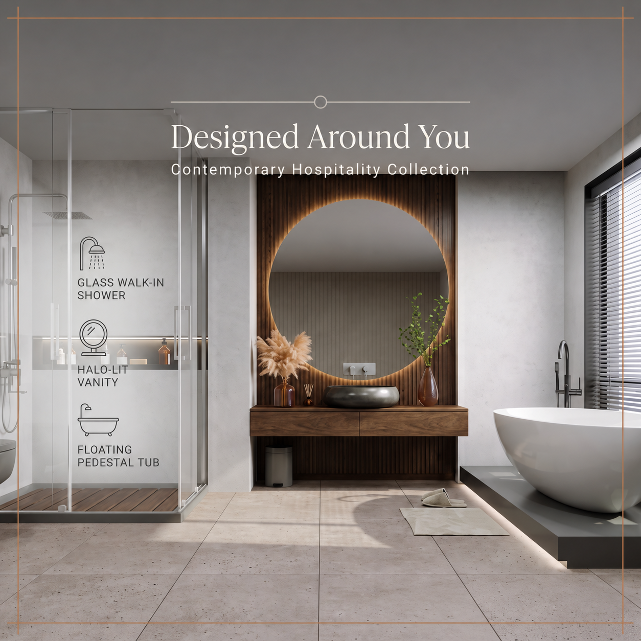 Luxury hotel bathroom with smart mirror technology