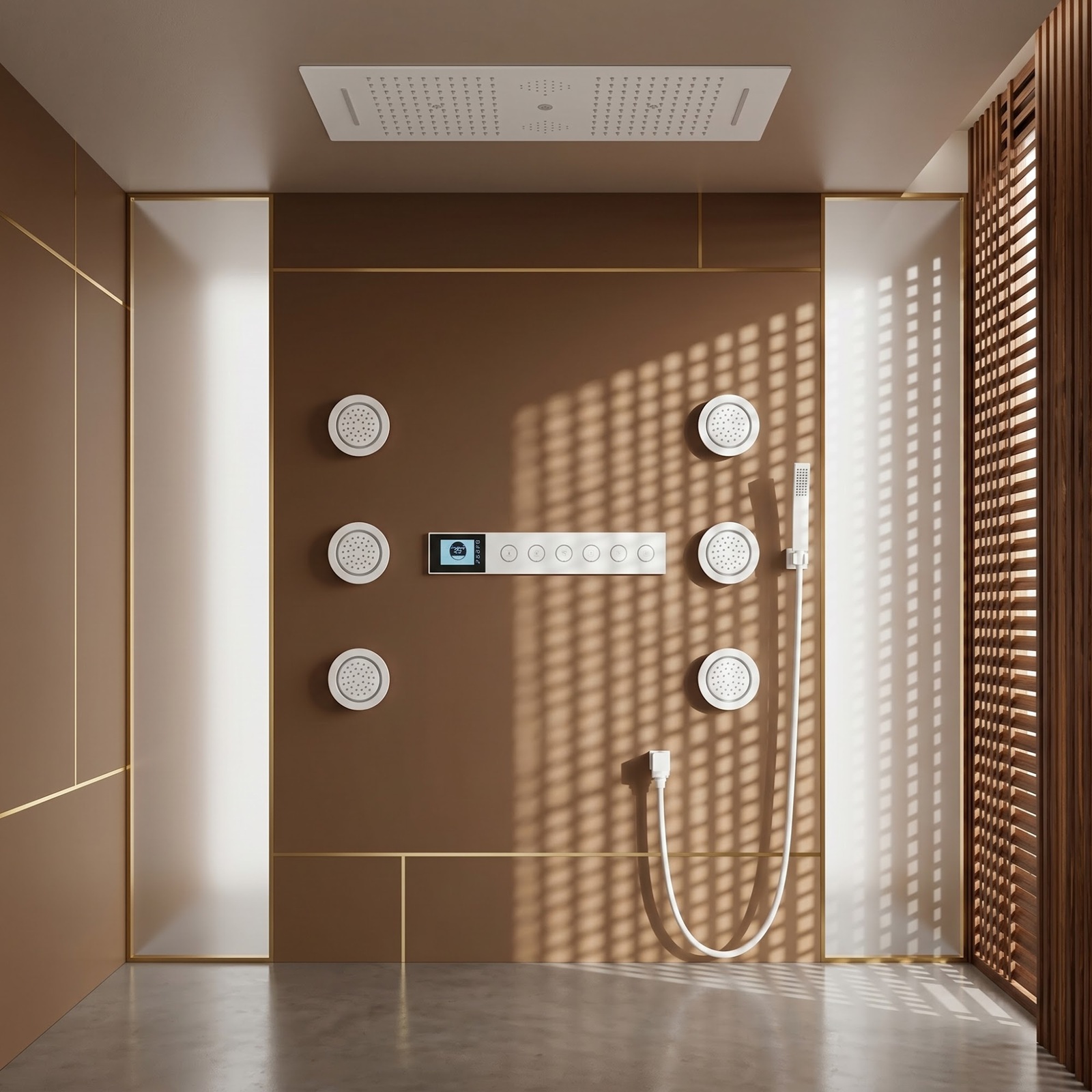 Craftsman inspired bathroom with timber and tiled shower