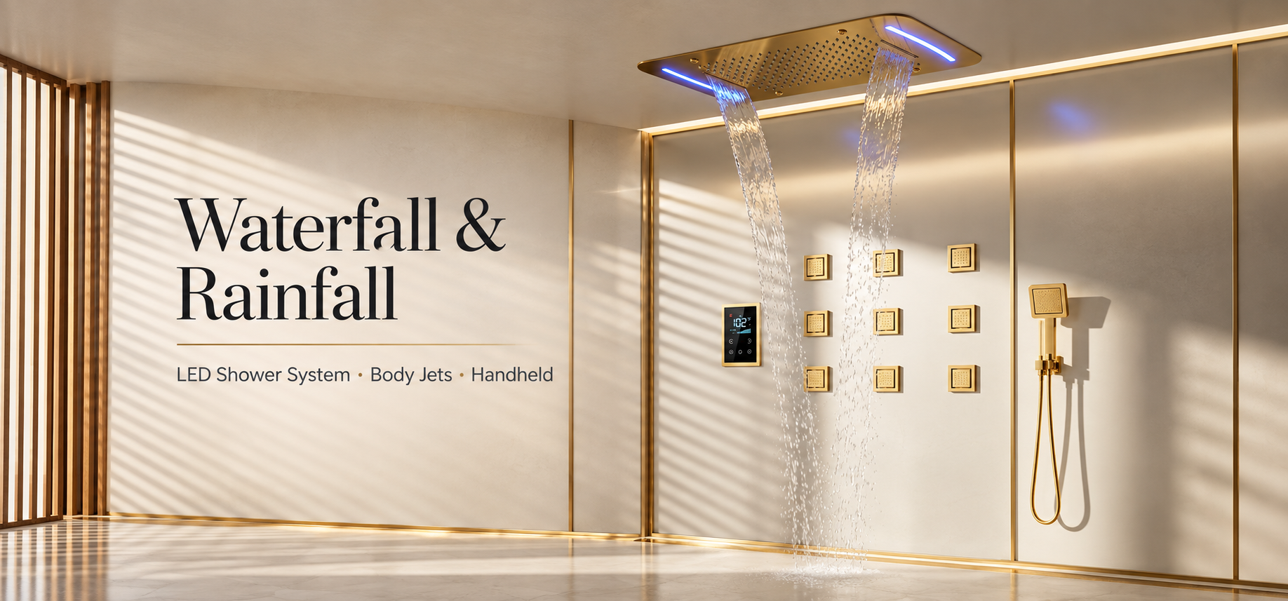 Hospitality waterfall shower system and technical bathroom specification